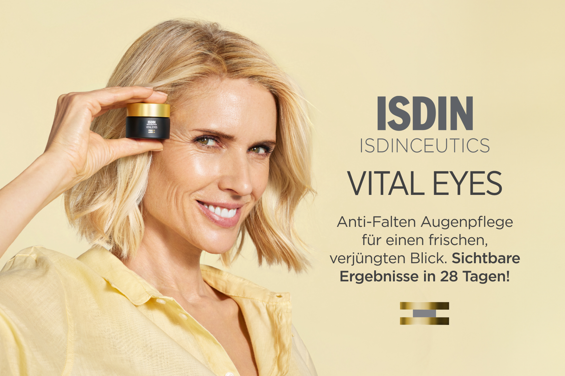 Frau mit Vital Eyes. Anti-Falten Augenpflege. Sichtbare Ergebnisse in 28 Tagen.